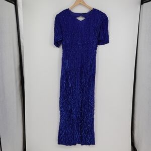 Vintage Silk Sequin Evening Gown Maxi Dress Lined Blue Elegant Zipper M/L 19"P2P